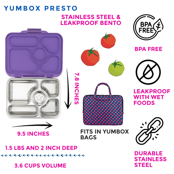 Yumbox 5 Compartment Presto Stainless Steel Lunchbox - Remy Purple