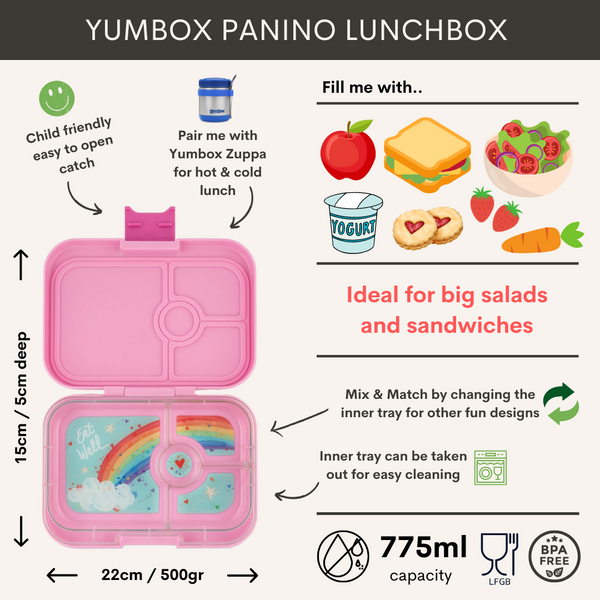 Yumbox 4 Compartment Panino Lunchbox - Power Pink (Rainbow Tray)