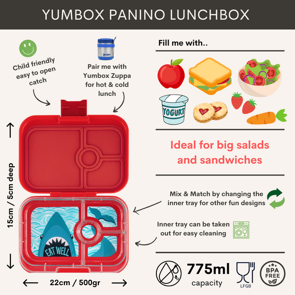 Yumbox 4 Compartment Panino Lunchbox - Wow Red (Shark Tray)