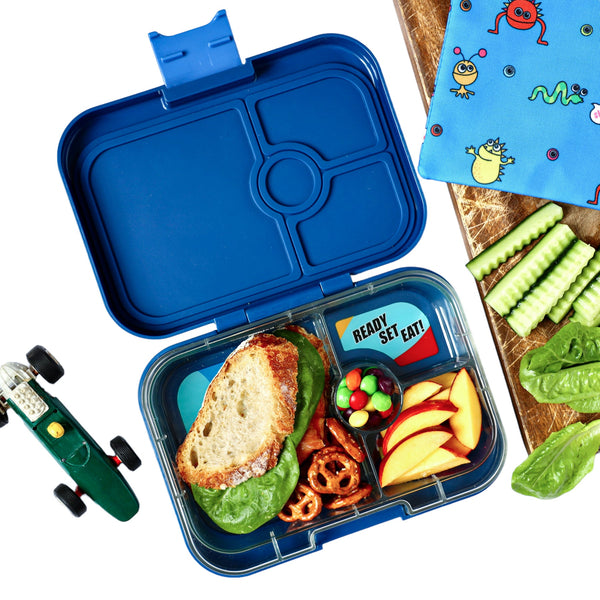 Yumbox 4 Compartment Panino Lunchbox - Monte Carlo Blue (Race Cars Tray)