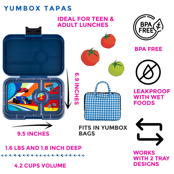 Yumbox 4 Compartment XL Tapas Lunchbox - Monte Carlo Blue (Race Cars Tray)