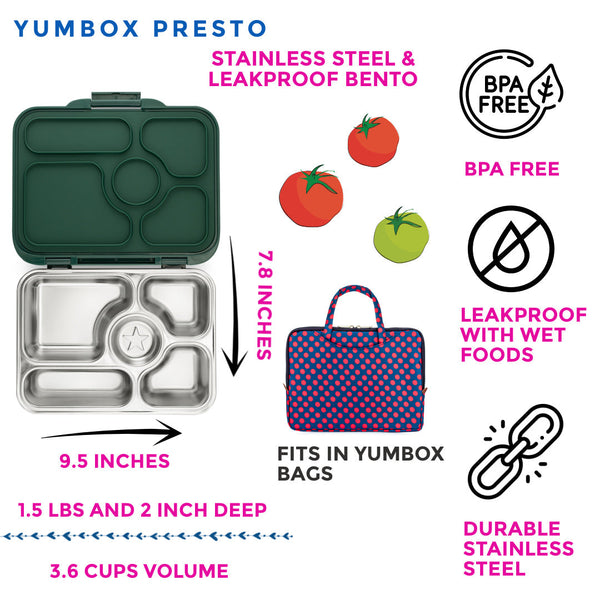 Yumbox 5 Compartment Presto Stainless Steel Lunchbox - Kale Green