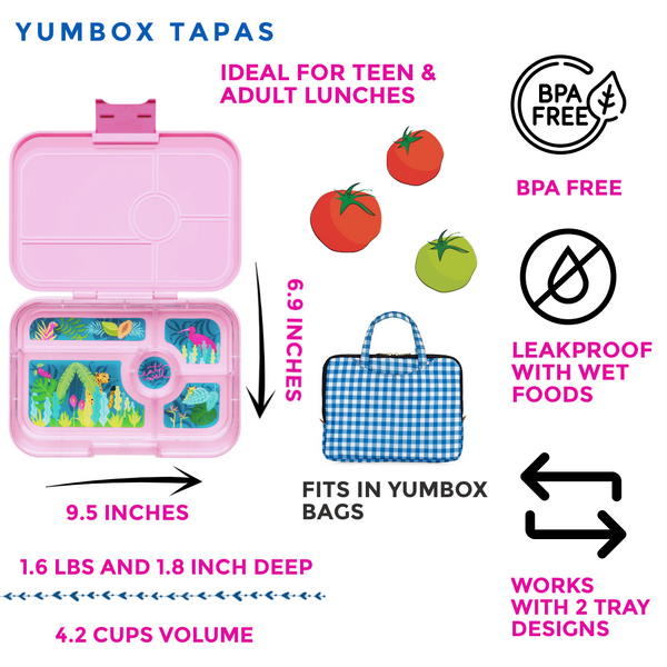 Yumbox 5 Compartment XL Tapas Lunchbox - Capri Pink / Jungle Tray