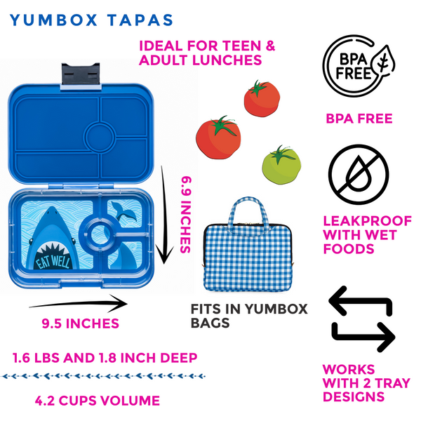 Yumbox 4 Compartment XL Tapas Lunchbox - Monte Carlo Blue / Shark Tray