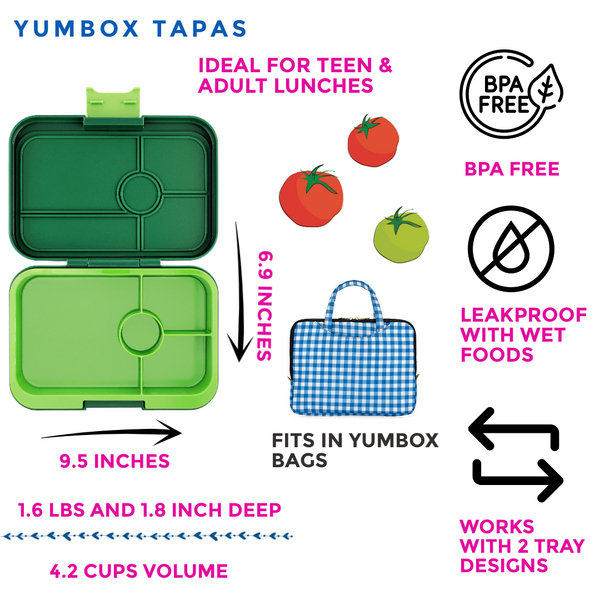 Yumbox 4 Compartment XL Tapas Lunchbox - Palm Green / Solid Lime Tray