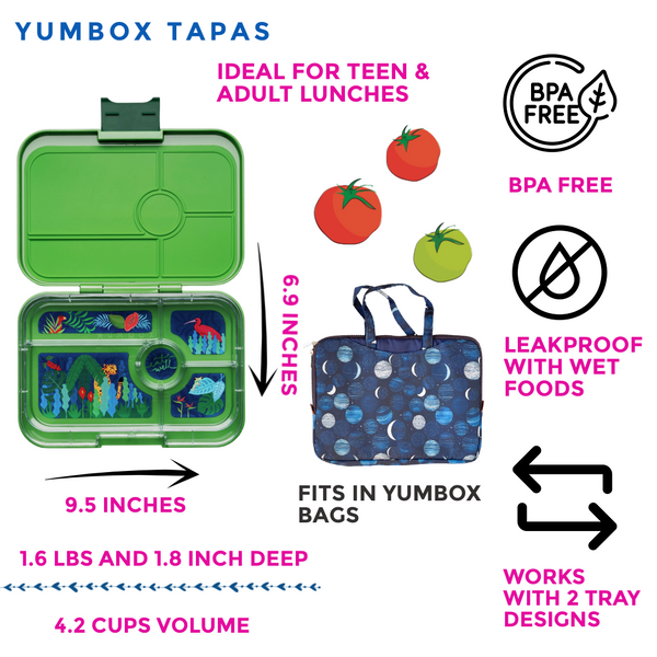 Yumbox 5 Compartment XL Tapas Lunchbox - Jurassic Green / Jungle Tray