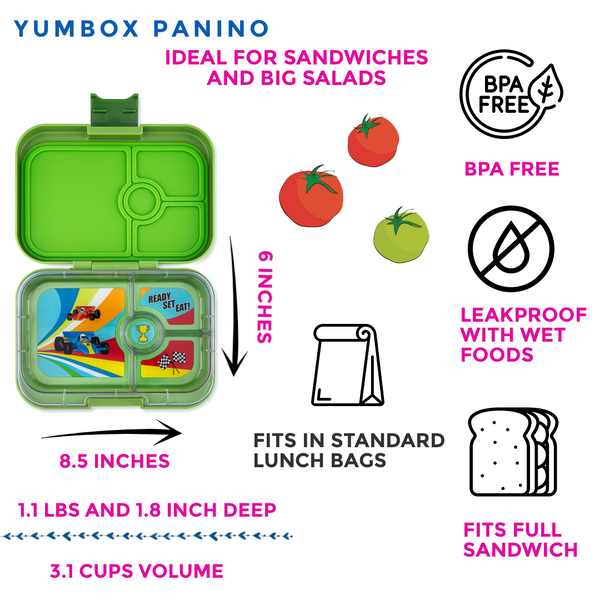 Yumbox 4 Compartment Panino Lunchbox - Matcha Green / Race Cars Tray