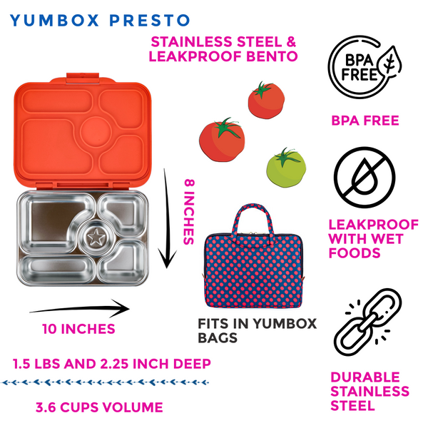 Yumbox 5 Compartment Presto Stainless Steel Lunchbox - Tango Orange