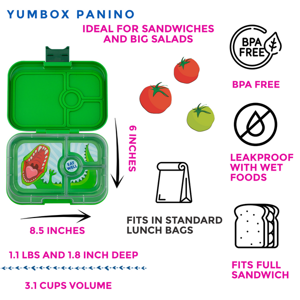 Yumbox 4 Compartment Panino Lunchbox - Jurassic Green/Dinosaur Tray