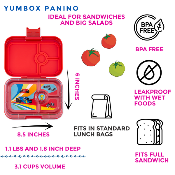 Yumbox 4 Compartment Panino Lunchbox - Roar Red / Race Cars Tray