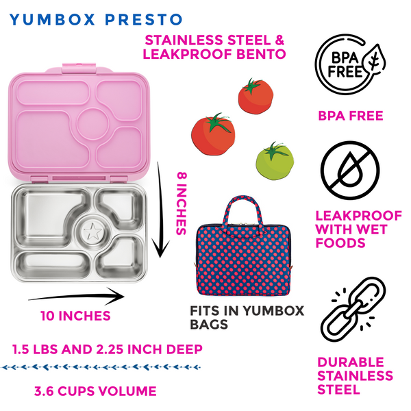 Yumbox 5 Compartment Presto Stainless Steel Lunchbox - Rose Pink