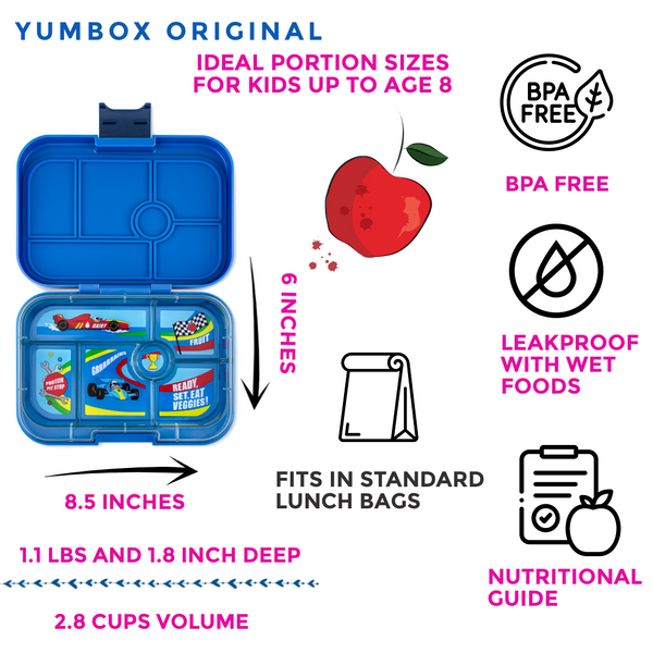 Yumbox 6 Compartment Original Lunchbox - Surf Blue / Race Cars Tray