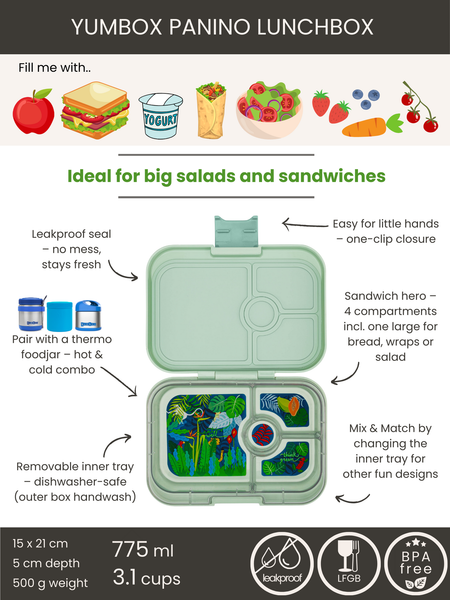 Yumbox 4 Compartment Panino Lunchbox - Sage Green / Jungle Tray