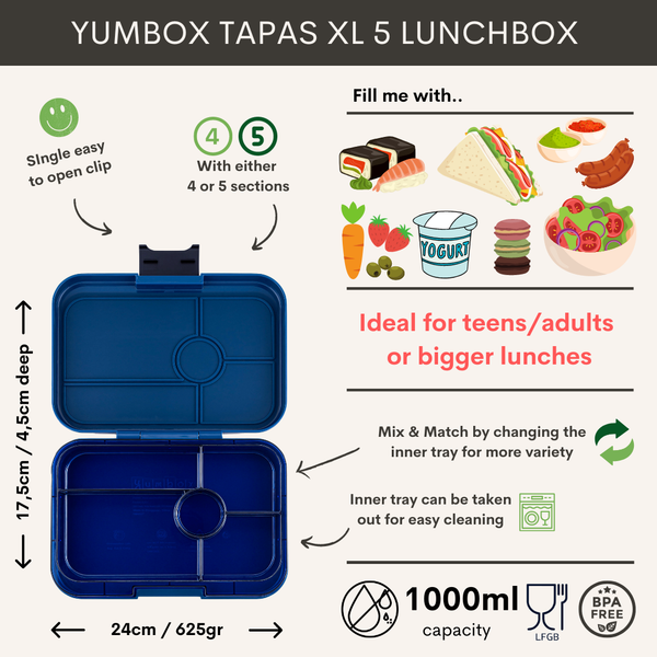 Yumbox 5 Compartment XL Tapas Lunchbox - Monte Carlo Blue / Navy Clear Tray