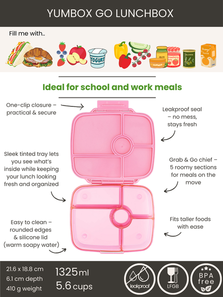 Yumbox Go - 5 Compartment Extra Deep Bento Lunchbox - Sydney Pink