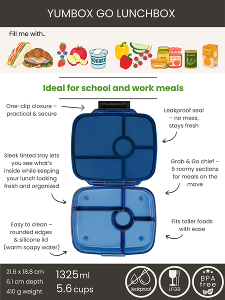 Yumbox Go - 5 Compartment Extra Deep Bento Lunchbox - Oslo Blue
