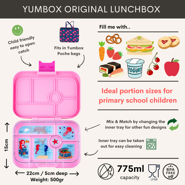 Yumbox 6 Compartment Original Lunchbox - Power Pink / Mermaid Tray