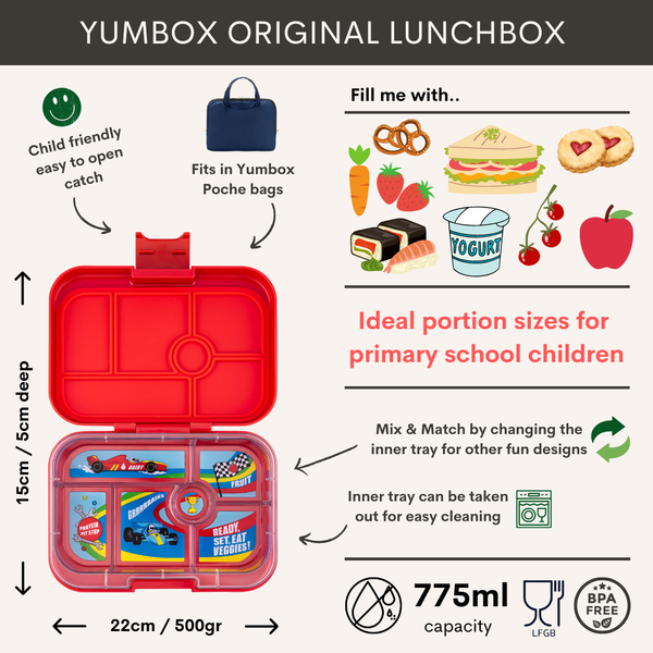Yumbox 6 Compartment Original Lunchbox - Roar Red / Race Cars Tray