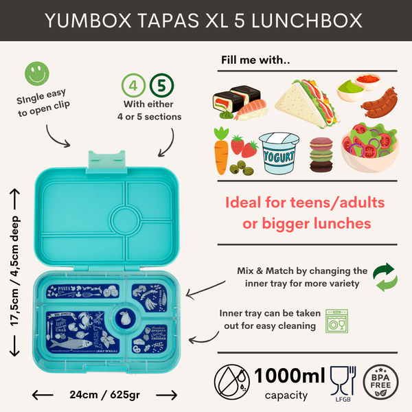 Yumbox 5 Compartment XL Tapas Lunchbox - Antibes Blue / Bon Appetit Tray