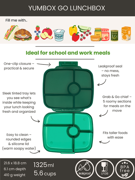 Yumbox Go - 5 Compartment Extra Deep Bento Lunchbox - Lima Green